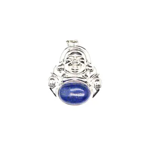 Intricate silver Laughing Buddha pendant featuring a polished oval blue lapis lazuli