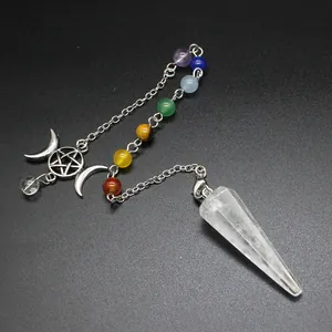 Hexagonal clear quartz crystal pendulum with seven chakra beads and star moon charms