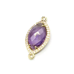 Pendente in ametista viola marquise con micro-pave di cristalli e connettore dorato