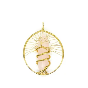 Detailed view of handmade gold wire Tree of Life wrapping a pink rose quartz crystal column.