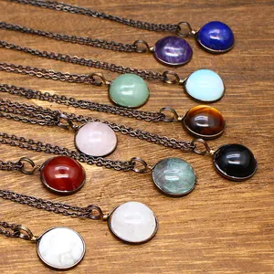 Vintage Natural Stone Round Pendant Necklace For Women Men Antique Bronze Alloy Chain Amethyst Rose Quartz Agate Accessory