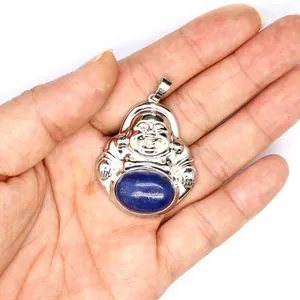 Close-up detail of a silver Laughing Buddha pendant with an oval lapis lazuli gemstone.