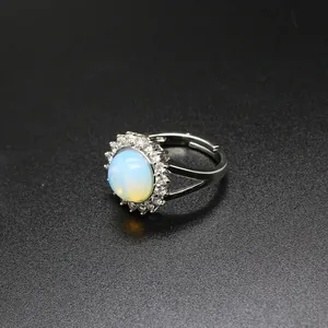 High-quality detail of adjustable silver ring featuring a white opal and zircon halo