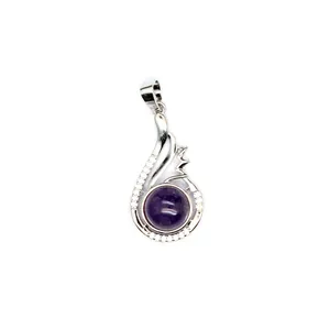 Elegant silver pendant with round purple amethyst gemstone and clear crystal accents