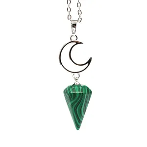Close-up of crescent moon necklace with green malachite hexagonal cone pendant