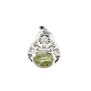 Detailed close-up view of a silver-tone Maitreya Buddha pendant with green natural stone.