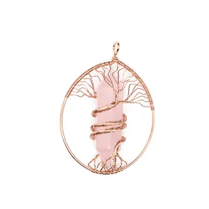Detailed view of rose quartz hexagonal pillar pendant with wire-wrapped Tree of Life design.
