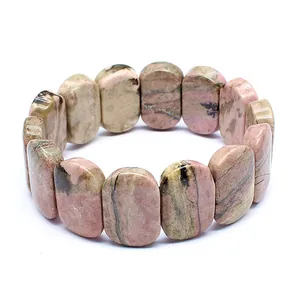 Natural pink rhodonite stone slab stretch bracelet featuring unique marble patterns