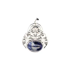 Detailed view of Maitreya Buddha pendant necklace featuring blue natural stone inlay.