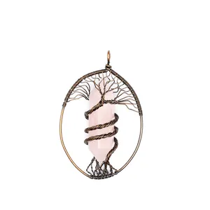 Detailed view of handmade rose quartz tree of life wire wrapped hexagonal pendant