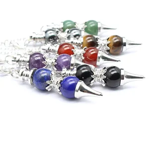 Detail view of multi-color 12mm natural stone crystal dowsing pendulums with metal chains