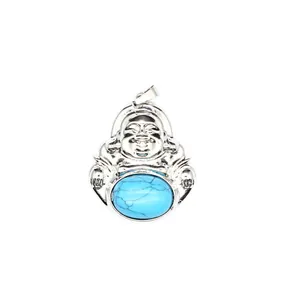 Detailed close-up view of a silver laughing Buddha pendant with an oval turquoise stone inlay