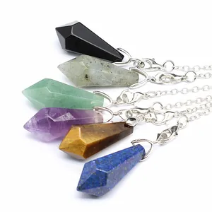 Selection of hexagonal natural stone pendulum pendants with different minerals and textures