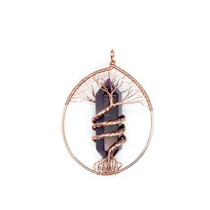 Macro view of amethyst hexagonal column pendant with wire-wrapped Tree of Life design