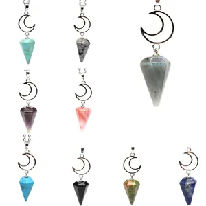 Natural Stone Moon Necklace Labradorite Alloy Hexagonal Prism Pendant Healing Crystal Jewelry Fashion Women Necklace Gift