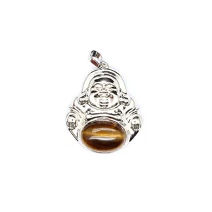 Detailed view of silver Maitreya Buddha pendant with oval Tiger Eye stone