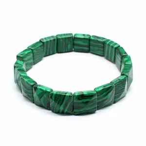 Detailed view of natural green malachite-style faceted square stone bead bracelet