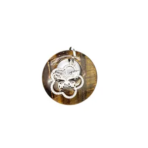 Vue détaillée en gros plan d'un pendentif en œil de tigre avec une breloque papillon en argent