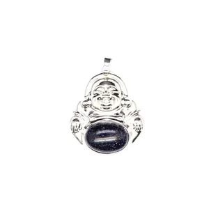 Detail of silver Laughing Buddha pendant with sparkling blue goldstone