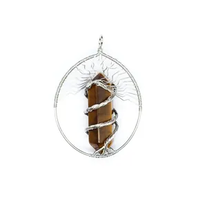 Exquisite handmade Tree of Life wire wrapped pendant with Tiger Eye crystal pillar