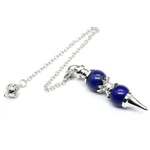 Detail of lapis lazuli dowsing pendulum with silver chain and conical metal tip