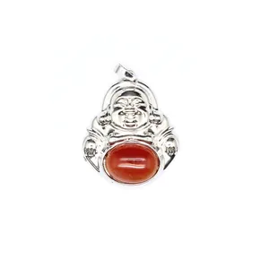Detailed view of silver Laughing Buddha pendant featuring a red natural stone inlay