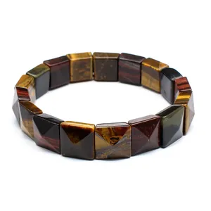 Faceted tiger eye natural stone stretch bracelet with square pyramid shaped beads