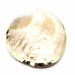 Macro view of a natural freshwater pearl shell decorative tray with elegant gold-plated rim