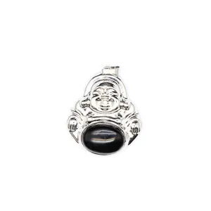 Close-up of silver-colored Laughing Buddha pendant with black oval stone inlay