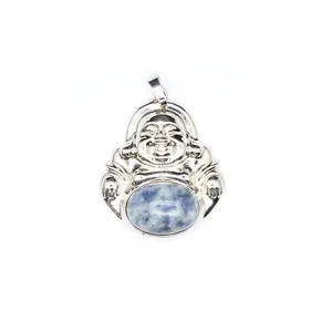 Detailed view of silver-toned Laughing Buddha pendant with natural blue stone inlay