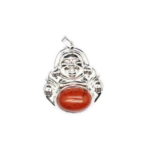 Close-up of silver laughing Buddha pendant featuring a large oval red natural stone.