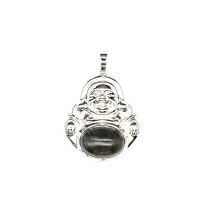 Close-up detail of a silver-tone Laughing Buddha pendant with a natural oval stone inlay