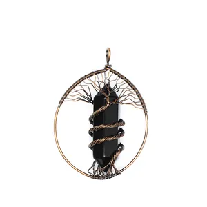 Handmade Tree of Life pendant featuring an intricately wire wrapped black hexagonal stone