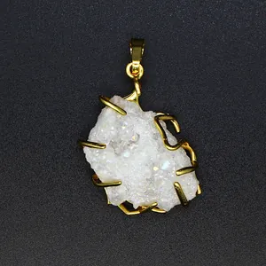 Detailed view of natural white druzy agate crystal cluster pendant with gold plated setting
