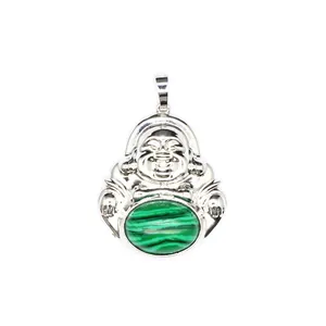 Close-up of a silver Maitreya Buddha pendant with a green striped natural stone inlay