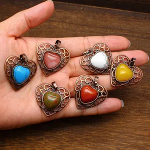 Vintage Hollow Heart Natural Stone Pendant Necklace Antique Bronze Alloy Filigree Heart Charm Jewelry for Women Girls