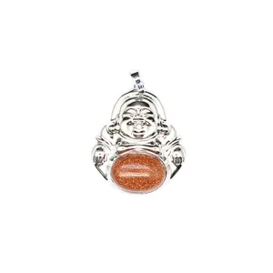 Detailed view of a silver Laughing Buddha pendant featuring a sparkly orange sandstone