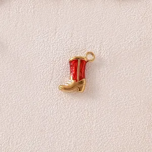 Miniature gold stainless steel cowboy boot charm with red enamel for DIY jewelry craft