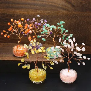 Handmade Natural Crystal Stone Money Tree Life Tree Healing Energy Stones Copper Wire Wrapped Desk Ornament Home Office Decor