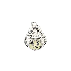 Detailed macro view of Laughing Buddha pendant with natural Dalmatian Jasper stone