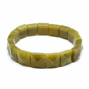 Detail showing olive green faceted natural stone square bead bracelet with polished finish
