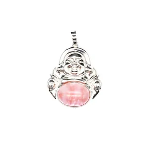 Detailed view of Maitreya Buddha pendant featuring a large oval pink natural stone inlay