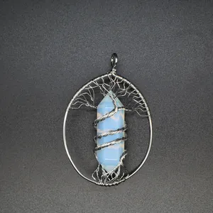 Detailed view of handmade Tree of Life wire wrapped hexagonal opalite crystal pendant