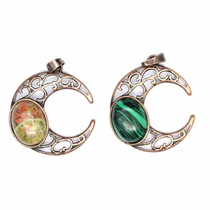 Vintage antique bronze hollow crescent moon pendants with malachite and unakite stones