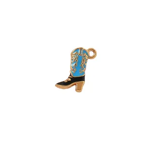 Western cowboy boot pendant charm in blue and black enamel for DIY jewelry making crafts