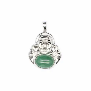 Detailed view of silver-plated Maitreya Buddha pendant with oval green aventurine stone.