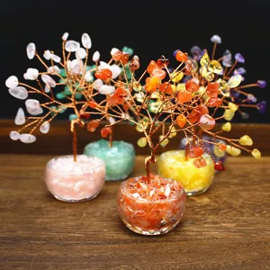 Group of natural crystal money trees featuring colorful gemstone chips and wire branches