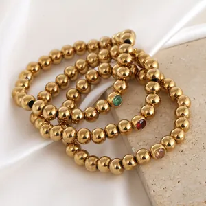 Elegant stainless steel 8mm birthstone beaded bracelet with colorful zircon stones on silk