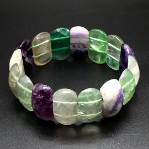 Detaillierte Nahaufnahme von farbenfrohem facettiertem Natur-Fluorit-Stein-Stretch-Armband.