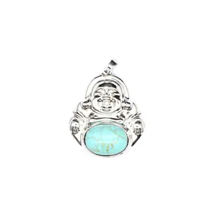 Detailed macro view of a silver Maitreya Buddha necklace pendant with turquoise stone inlay